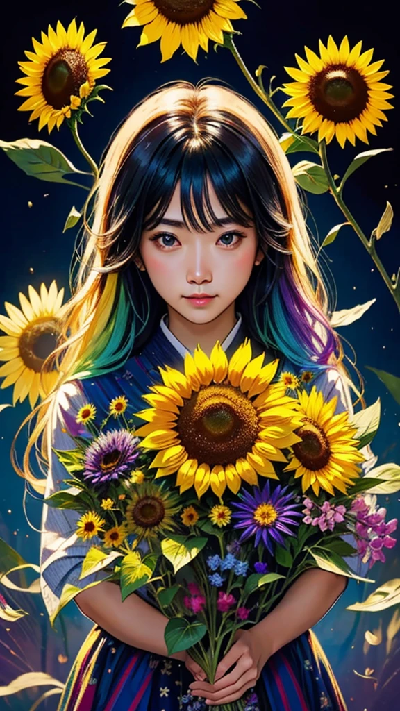 sunflower畑、firework、firework大会、Rainbow colorsのfireworkが打ちあがっている瞬間、夜nullとともに、sunflower畑な都市景観、壮大なfirework、近future都市、Highest quality、masterpiece, (Diffuse reflection of light:1.2), When the fantastic rainbow turns into shadow, bathed in a mystical atmosphere.sunflowerたちも見ています、 sunflower,たくさんのsunflower、 Cast magic spells. evoke a sense of wonder and awe. A fusion of natural grandeur and magic, Weaving dreams into reality. Behold, null, And the unknown, Fleeting、And an eternal moment, 16K, Ultra-high resolution.Realistic, Ultra-high resolution, to be born,future、Rainbow colorsに光り輝く、Rainbow colors、The world 30 years from now。