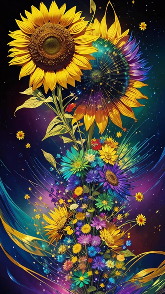 sunflower畑、firework、firework大会、Rainbow colorsのfireworkが打ちあがっている瞬間、夜nullとともに、sunflower畑な都市景観、壮大なfirework、近future都市、Highest quality、masterpiece, (Diffuse reflection of light:1.2), When the fantastic rainbow turns into shadow, bathed in a mystical atmosphere.sunflowerたちも見ています、 sunflower,たくさんのsunflower、 Cast magic spells. evoke a sense of wonder and awe. A fusion of natural grandeur and magic, Weaving dreams into reality. Behold, null, And the unknown, Fleeting、And an eternal moment, 16K, Ultra-high resolution.Realistic, Ultra-high resolution, to be born,future、Rainbow colorsに光り輝く、Rainbow colors、The world 30 years from now。