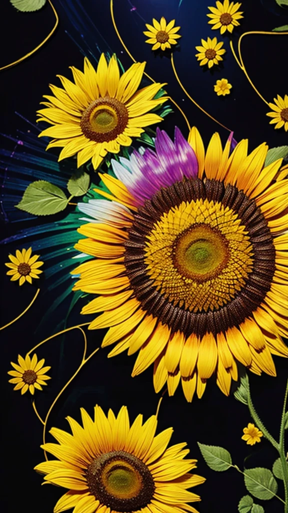 sunflower畑、firework、firework大会、Rainbow colorsのfireworkが打ちあがっている瞬間、夜nullとともに、sunflower畑な都市景観、壮大なfirework、近future都市、Highest quality、masterpiece, (Diffuse reflection of light:1.2), When the fantastic rainbow turns into shadow, bathed in a mystical atmosphere.sunflowerたちも見ています、 sunflower,たくさんのsunflower、 Cast magic spells. evoke a sense of wonder and awe. A fusion of natural grandeur and magic, Weaving dreams into reality. Behold, null, And the unknown, Fleeting、And an eternal moment, 16K, Ultra-high resolution.Realistic, Ultra-high resolution, to be born,future、Rainbow colorsに光り輝く、Rainbow colors、The world 30 years from now。