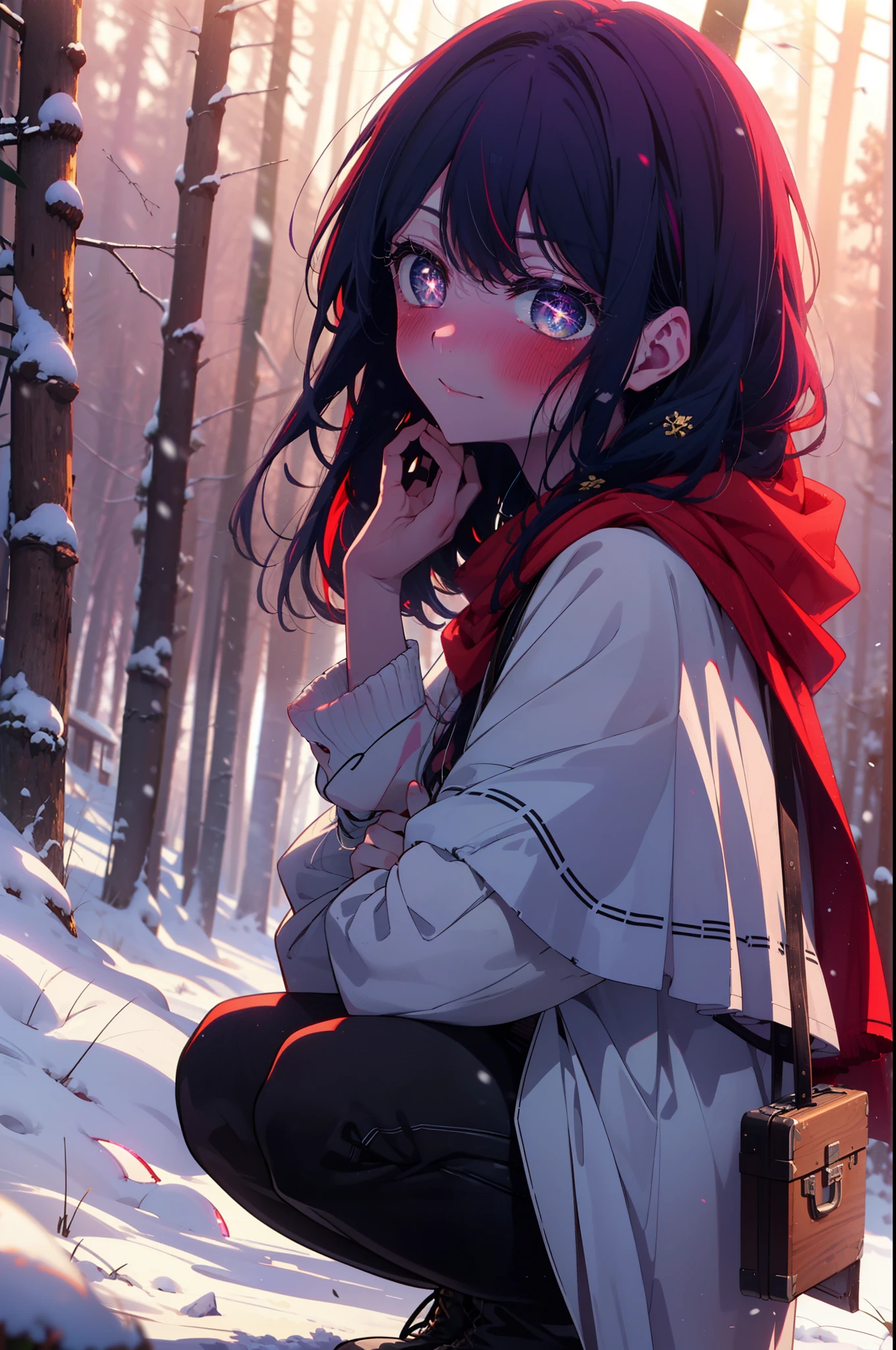 aihoshino, Ai Hoshino, Long Hair, bangs, (Purple eyes:1.1), Purple Hair, (Symbol-shaped pupil:1.5), smile,,smile,blush,White Breath,
Open your mouth,snow,Ground bonfire, Outdoor, boots, snowing, From the side, wood, suitcase, Cape, Blurred, , forest, White handbag, nature,  Squat, Mouth closed, Cape, winter, Written boundary depth, Black shoes, red Cape break looking at viewer, Upper Body, whole body, break Outdoor, forest, nature, break (masterpiece:1.2), Highest quality, High resolution, unity 8k wallpaper, (shape:0.8), (Beautiful and beautiful eyes:1.6), Highly detailed face, Perfect lighting, Extremely detailed CG, (Perfect hands, Perfect Anatomy),