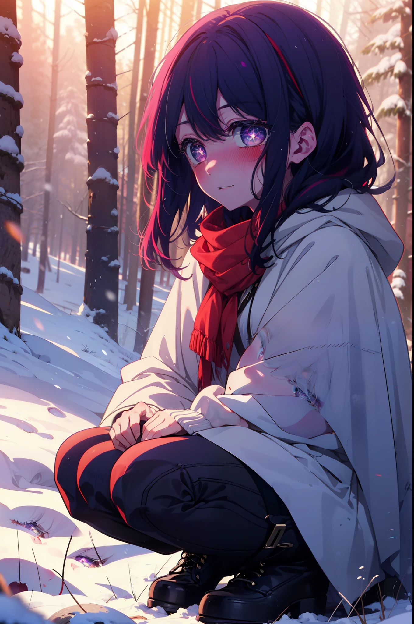 aihoshino, Ai Hoshino, Long Hair, bangs, (Purple eyes:1.1), Purple Hair, (Symbol-shaped pupil:1.5), smile,,smile,blush,White Breath,
Open your mouth,snow,Ground bonfire, Outdoor, boots, snowing, From the side, wood, suitcase, Cape, Blurred, , forest, White handbag, nature,  Squat, Mouth closed, Cape, winter, Written boundary depth, Black shoes, red Cape break looking at viewer, Upper Body, whole body, break Outdoor, forest, nature, break (masterpiece:1.2), Highest quality, High resolution, unity 8k wallpaper, (shape:0.8), (Beautiful and beautiful eyes:1.6), Highly detailed face, Perfect lighting, Extremely detailed CG, (Perfect hands, Perfect ),