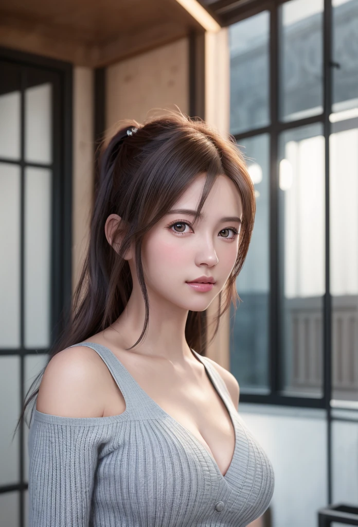 8K, of the highest quality, masutepiece:1.2), (Realistic, Photorealsitic:1.37), of the highest quality, masutepiece, Beautiful young woman, Pensive expression,、A charming、and an inviting look, Oversized knitwear、cleavage of the breast, Hair tied back, Cinematic background, Light skin tone