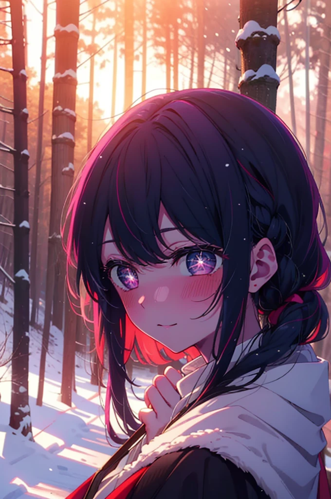 aihoshino, Ai Hoshino, Long Hair, bangs, (Purple eyes:1.1), Purple Hair, (Symbol-shaped pupil:1.5), smile,,smile,blush,White Breath,
Open your mouth,snow,Ground bonfire, Outdoor, boots, snowing, From the side, wood, suitcase, Cape, Blurred, , forest, White handbag, nature, Squat, Mouth closed, Cape, winter, Written boundary depth, Black shoes, red Cape break looking at viewer, Upper Body, whole body, break Outdoor, forest, nature, break (masterpiece:1.2), Highest quality, High resolution, unity 8k wallpaper, (shape:0.8), (Beautiful and beautiful eyes:1.6), Highly detailed face, Perfect lighting, Extremely detailed CG, (Perfect hands, Perfect Anatomy),