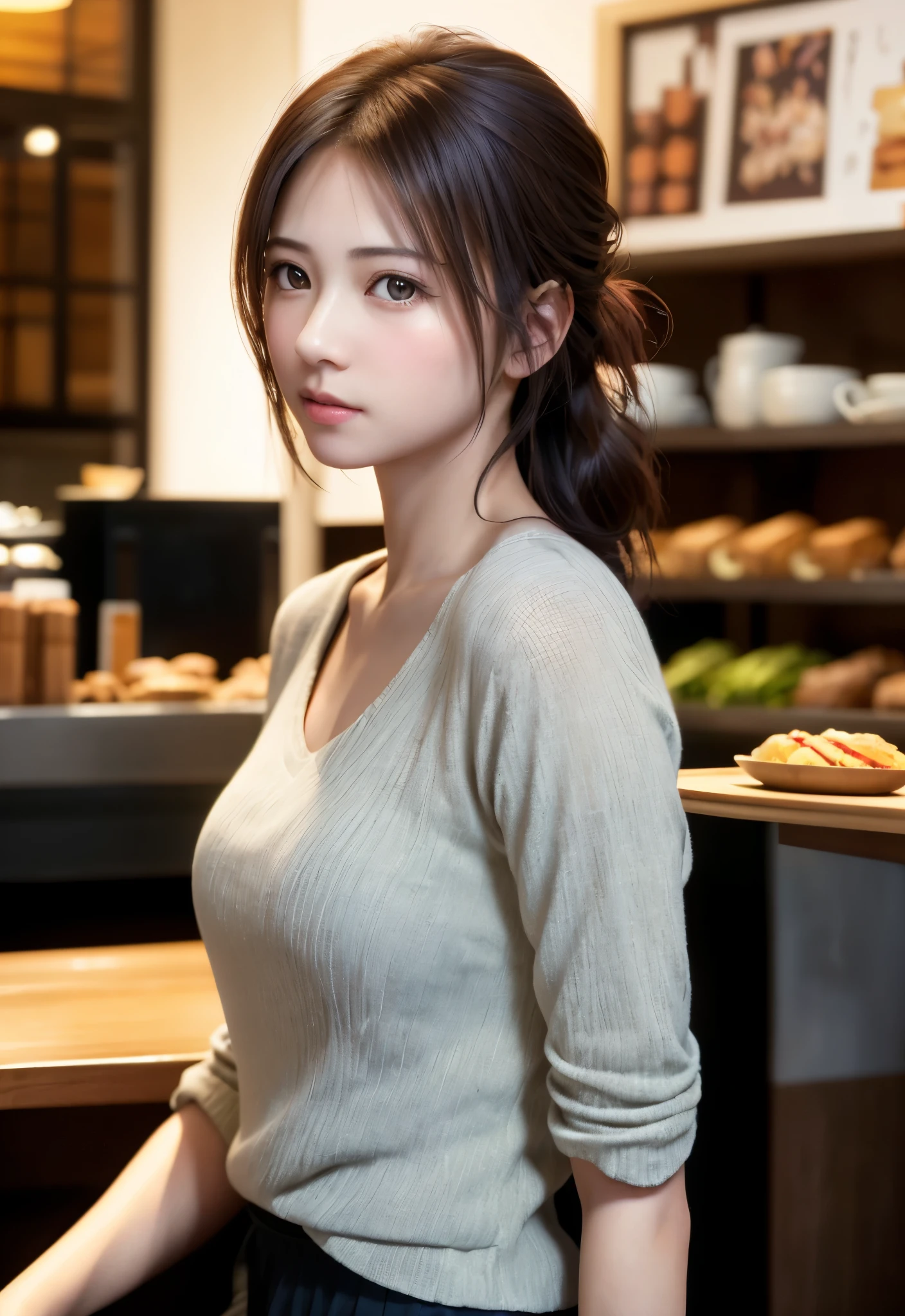 8K, of the highest quality, masutepiece:1.2), (Realistic, Photorealsitic:1.37), of the highest quality, masutepiece, Beautiful young woman, Pensive expression, Thoughtful look, Cafe clerk、Hair tied back, Cinematic background, Light skin tone