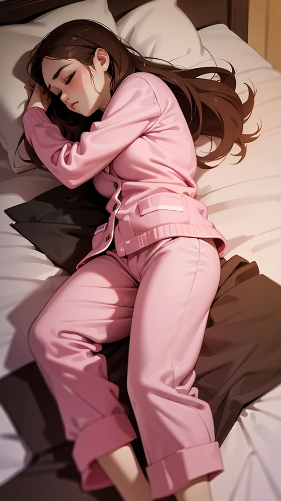 Sleeping girl, 22 years old, realistic, she is wearing long pants, she is wearing pink pajama, brown hair.