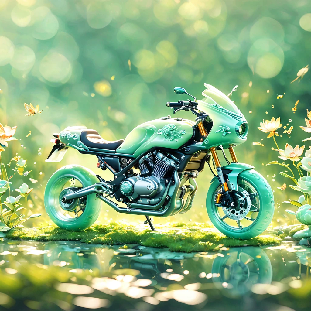 best quality, very good, 16K, ridiculous, Very detailed, Gorgeous((( Motorcycle 1.3))),Made of translucent jadeite, Background grassland((A masterpiece full of fantasy elements))), ((best quality)), ((Intricate details))(8K)