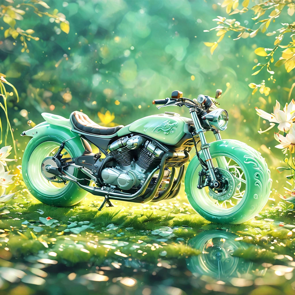 best quality, very good, 16K, ridiculous, Very detailed, Gorgeous((( Motorcycle 1.3))),Made of translucent jadeite, Background grassland((A masterpiece full of fantasy elements))), ((best quality)), ((Intricate details))(8K)