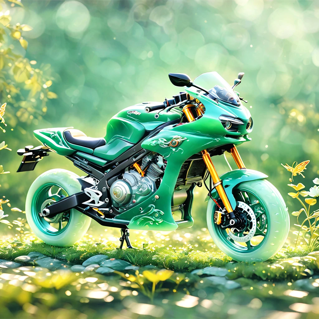 best quality, very good, 16K, ridiculous, Very detailed, Gorgeous((( Motorcycle 1.3)))，Made of translucent jadeite, Background grassland（（A masterpiece full of fantasy elements）））， （（best quality））， （（Intricate details））（8K）