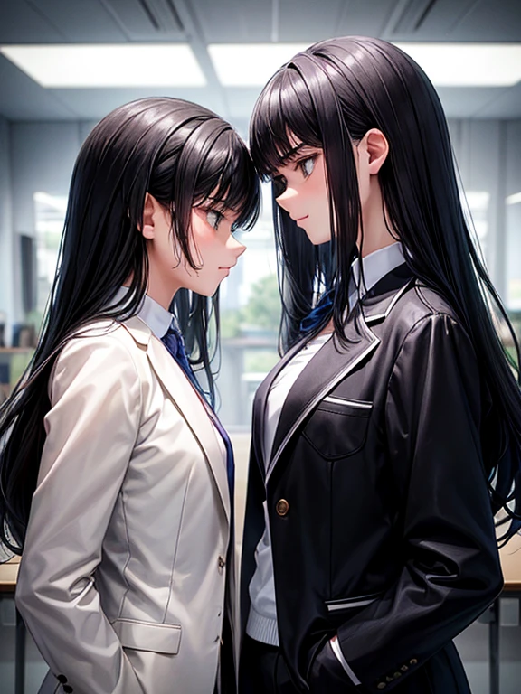 An 8-year-old female and a 15-year-old female,Black Hair,White blazer,(They put their faces close together and glare at each other),Intimidating the opponent,School,Wall,Standing firmly facing each other,whole body,Side angle