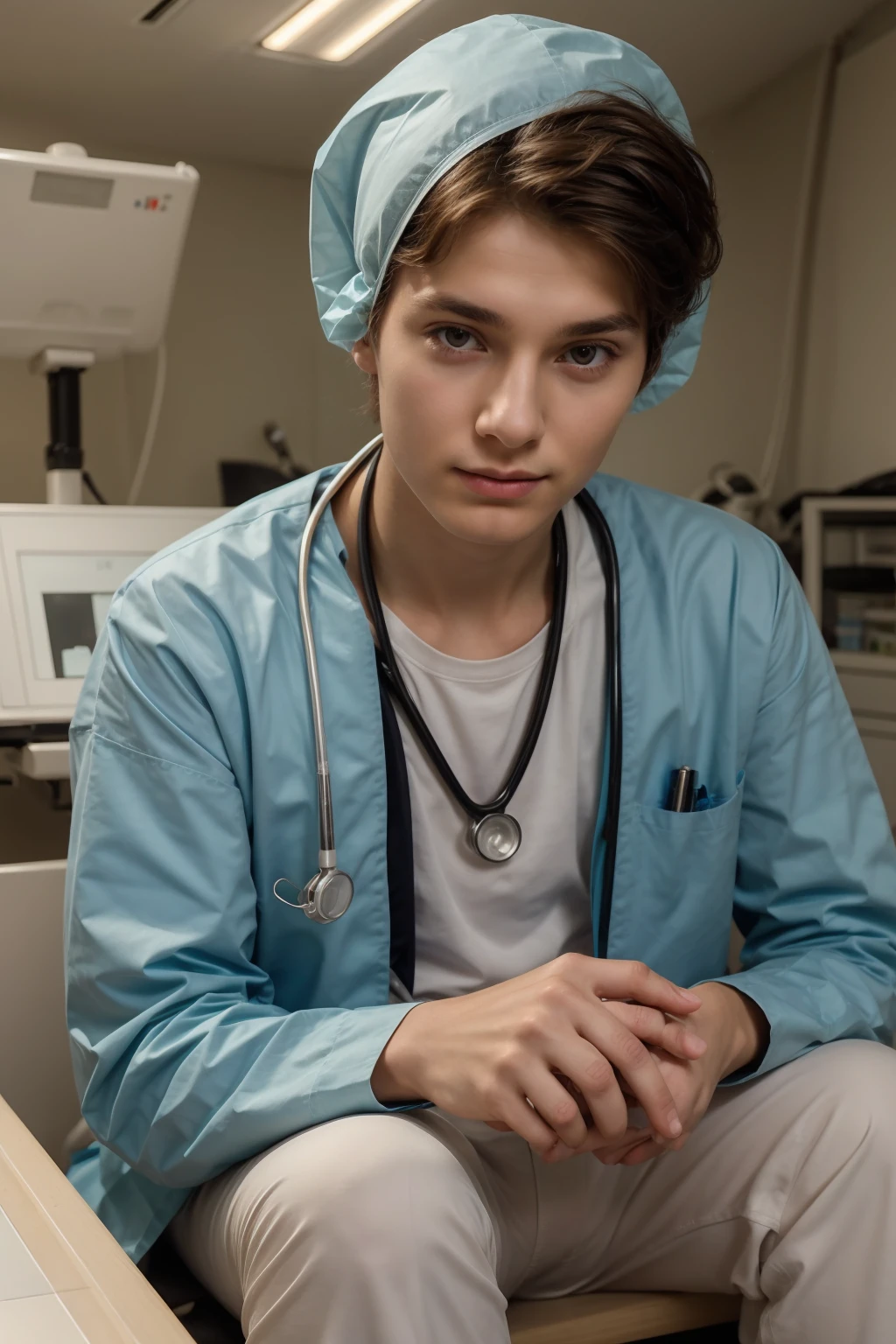 A beautiful young man, a cute male twink, with black hair, wearing a white long-sleeved shirt and aqua blue pants. He is in the surgical theater, and behind him are medical instruments for surgery, devices, and medical monitors with anatomy of the brain, MRI, etc., and he looks on proudly, with a face with reddish makeup.  He is sitting at a luxurious desk