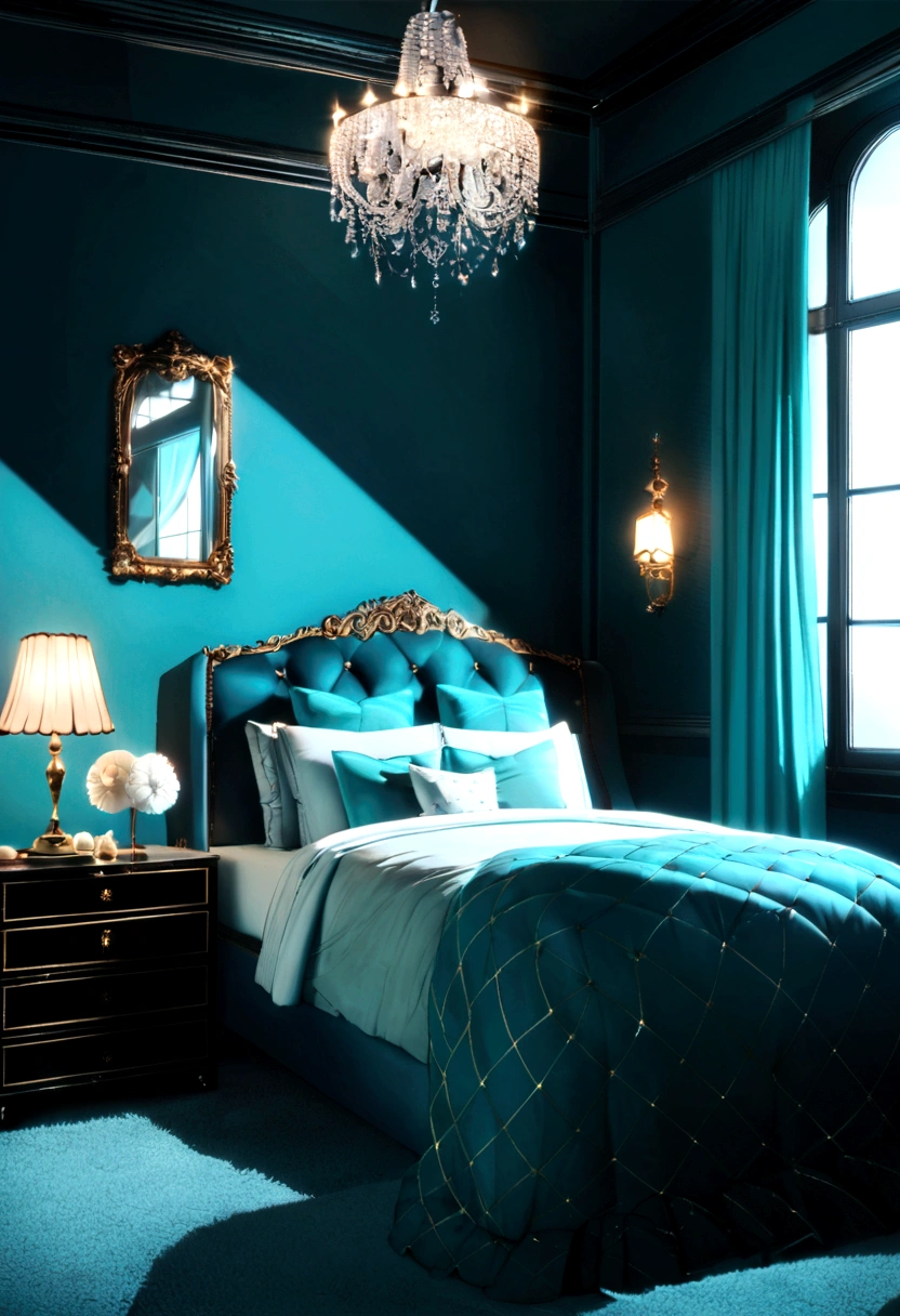 On the sofa in a room with a window Beautiful interior Sense of luxury tiffany blue wallpaper Bedside lamp Manhattan 's room