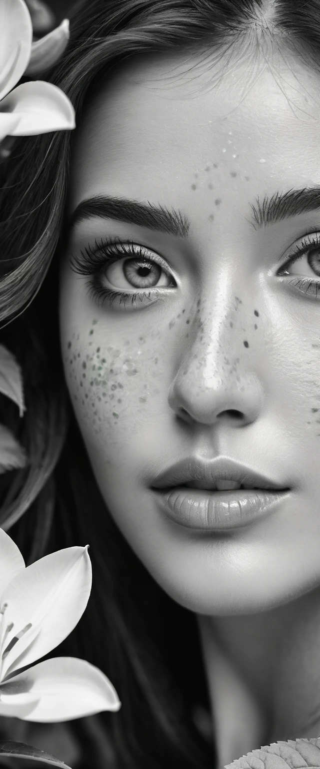 Create an image featuring a close-up of a beautiful woman face in grayscale, with one eye visible showing clear details like eyelashes and reflections. The cheek and lips should also be prominent, with the lips slightly parted. Integrate vibrant orange flowers and green foliage seamlessly into the face, as if they are growing from it or merging with it, creating a contrast between the monochrome features of the face and the vivid colors of the flora. Add some freckles across the nose and cheek to enhance the detail. Ensure one tear is visible under the eye, adding a touch of red to signify emotion.