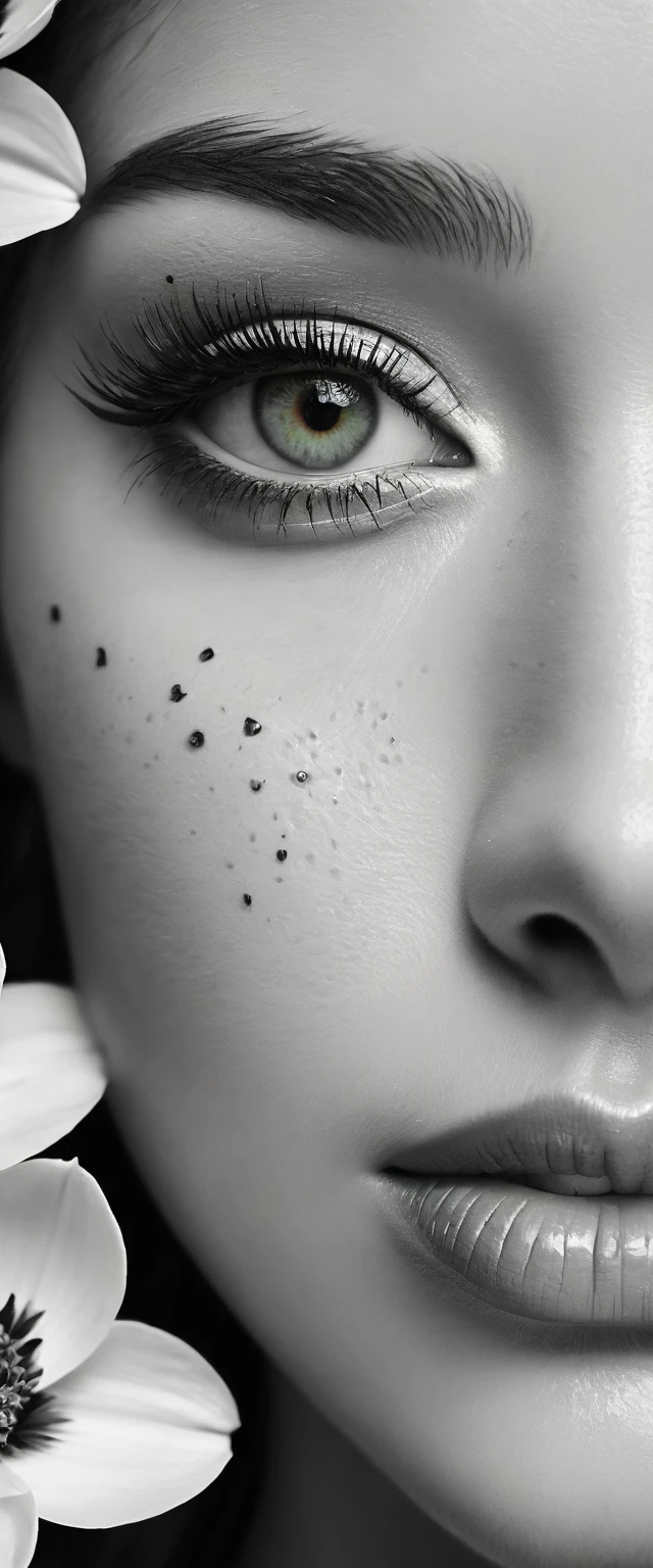 Create an image featuring a close-up of a beautiful woman face in grayscale, with one eye visible showing clear details like eyelashes and reflections. The cheek and lips should also be prominent, with the lips slightly parted. Integrate vibrant orange flowers and green foliage seamlessly into the face, as if they are growing from it or merging with it, creating a contrast between the monochrome features of the face and the vivid colors of the flora. Add some freckles across the nose and cheek to enhance the detail. Ensure one tear is visible under the eye, adding a touch of red to signify emotion.