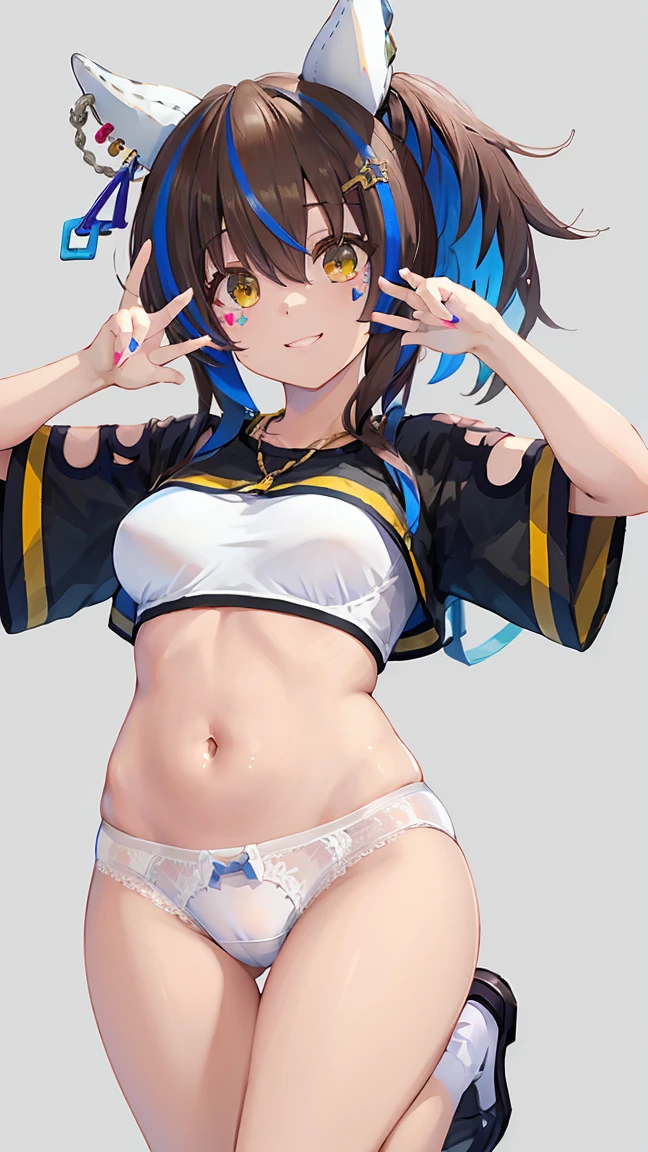 masterpiece, Highest quality, High resolution, Very detailed,(((Daitaku Helios))), (((White underwear))), (((smile))), Panty shot, Jump, My belly is visible。