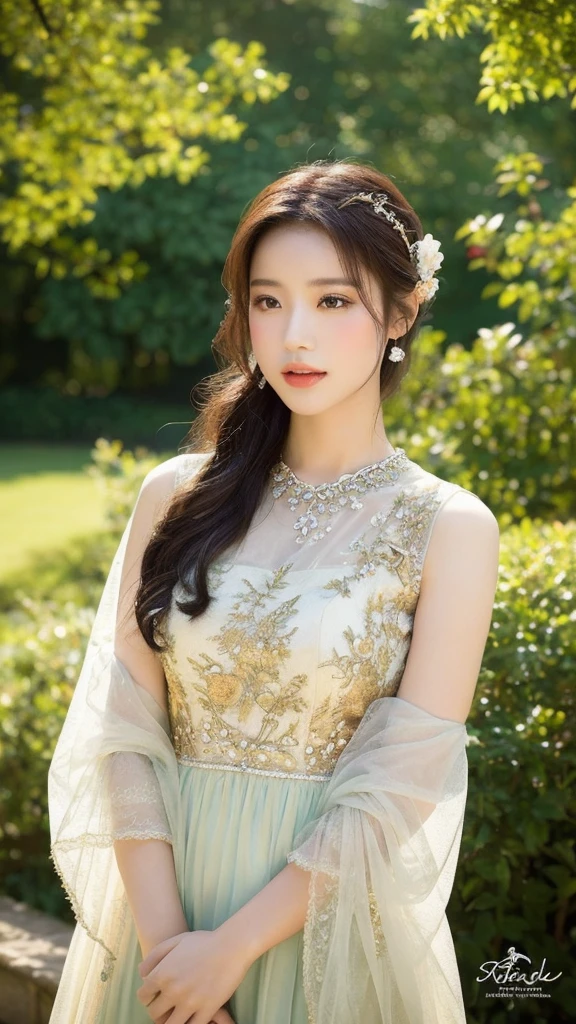 （lifelike， high resolution：1.3），close up， A Chinese model poses elegantly in a traditional garden，Wearing a couture dress that combines classic and modern elements，Exquisite embroidery details，腰部以上的close up，A quiet garden corner，Dappled sunlight through the treetops，In the distance are ancient pavilions and towers.，Show the softness and strength of oriental women，High-level artistic photography，The picture is clear and sharp，Emotional，Won the Gold Award in the International Photography Competition，Use professional lighting techniques，lifelike的渲染效果，The background is moderately blurred，Highlight the subject，Morning dew and mist intertwined，Add a touch of mystery。