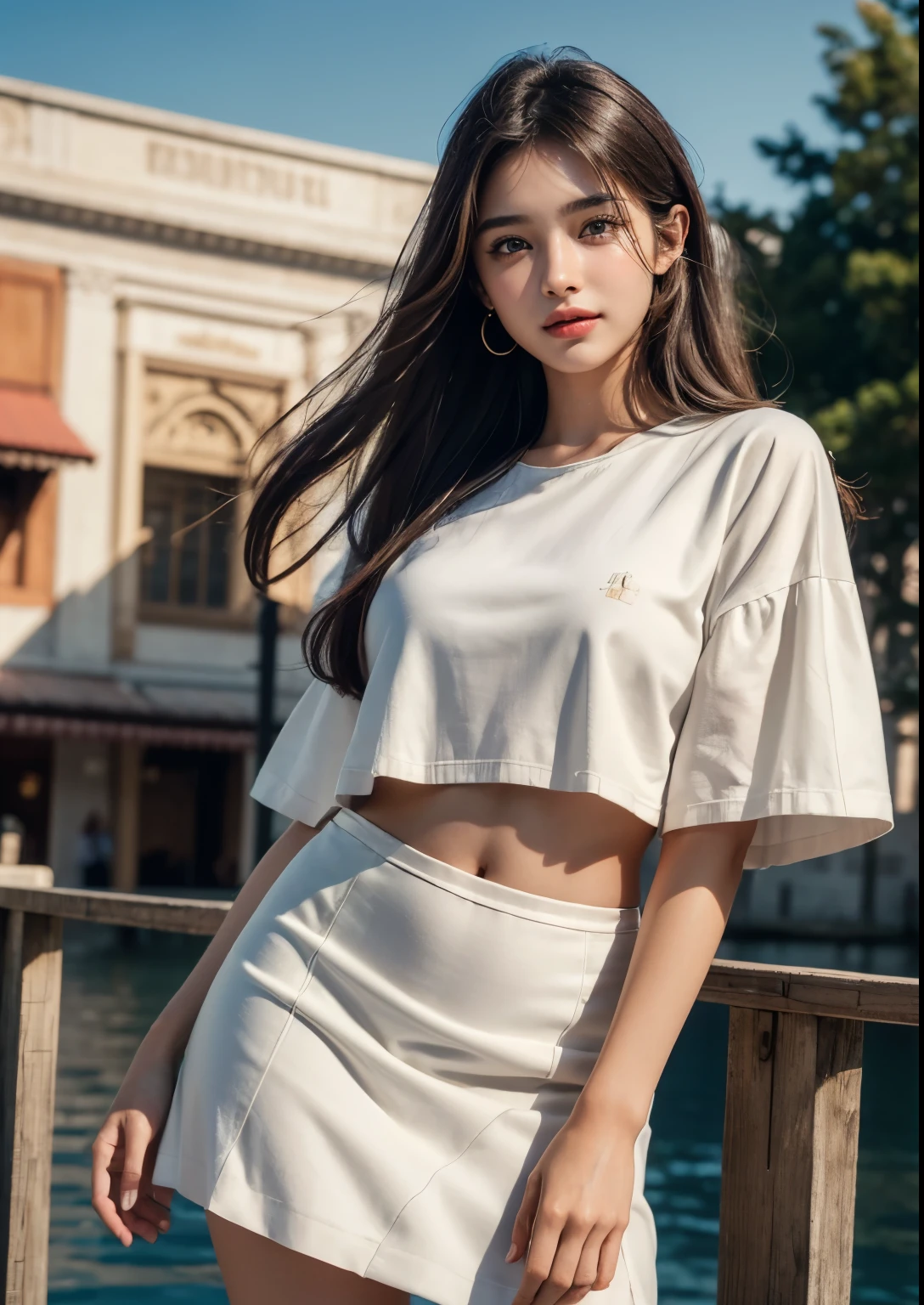 a beautiful indian young girl, (16 years girl), detailed face with beautiful eyes and lips, long hair, Glow face, realistic skin, realistic smile, cutest smile, realistic body, glow skin, bright skin, glow, T-shirt with above knee length skirt, youth skirt, detailed youth dress, stylish look, stylish angles, photorealistic, realistic, masterpiece, ultra-detailed,8k, (best quality,8k,highres,masterpiece:1.2),ultra-detailed,(realistic,photorealistic,photo-realistic:1.37), highly detailed, cinematic lighting, vibrant colors, warm tones, masterpiece,highres,warm lighting, vibrant colors, soft focus, elegant, cinematic, highly detailed, professional digital art, UHD, Ultra HD, ultra realistic, hyper realistic, ultra sharp, vivid, realistic atmosphere, Beautiful festival atmosphere in background,  beautiful background scenery, detailed background, hyper-detailed background, cinematic photography, award winning Photography, Very High Resolution picture quality,