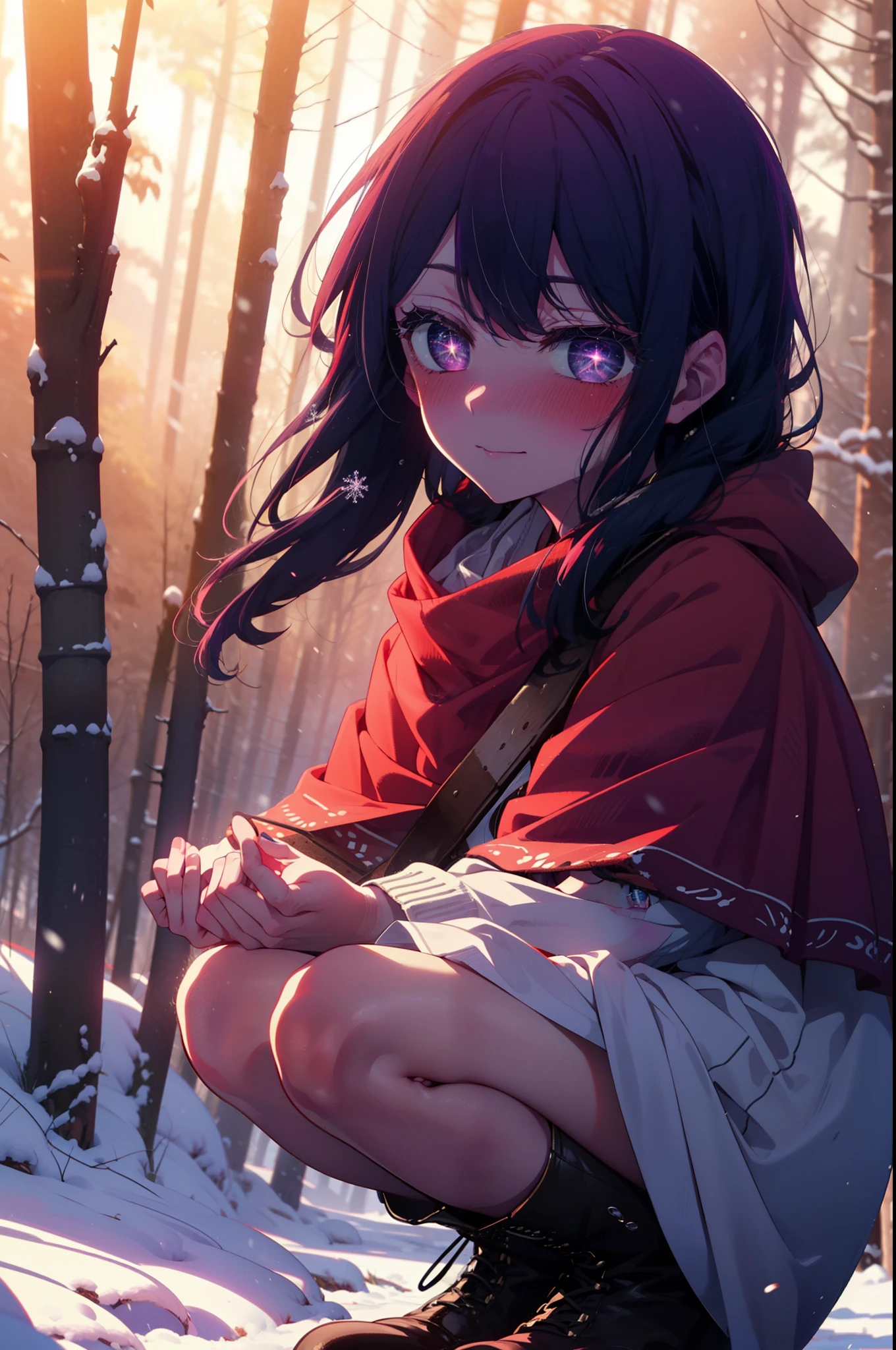 aihoshino, Ai Hoshino, Long Hair, bangs, (Purple eyes:1.1), Purple Hair, (Symbol-shaped pupil:1.5), smile,,smile,blush,White Breath,
Open your mouth,snow,Ground bonfire, Outdoor, boots, snowing, From the side, wood, suitcase, Cape, Blurred, , forest, White handbag, nature, Squat, Mouth closed, Cape, winter, Written boundary depth, Black shoes, red Cape break looking at viewer, Upper Body, whole body, break Outdoor, forest, nature, break (masterpiece:1.2), Highest quality, High resolution, unity 8k wallpaper, (shape:0.8), (Beautiful and beautiful eyes:1.6), Highly detailed face, Perfect lighting, Extremely detailed CG, (Perfect hands, Perfect Anatomy),