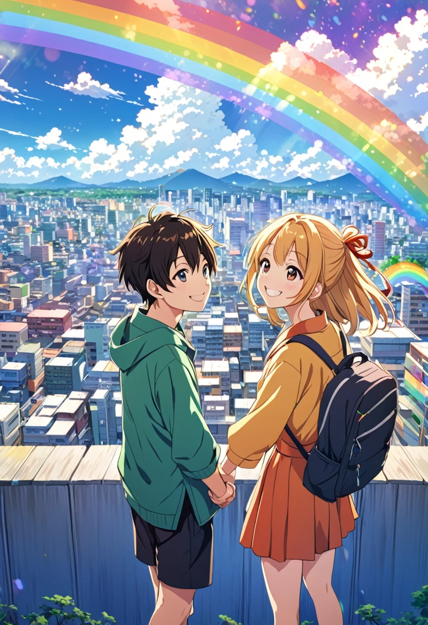 Japanese anime style, smiling, happy, boy and girl, two people, facing forward with a rainbow on the background of the city and the city sky
