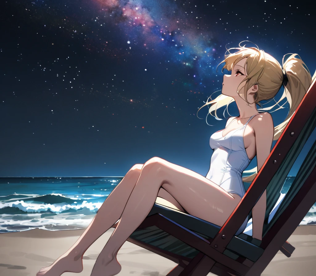 (masterpiece)、(absurdres)、(ultra detailed)、((solo lady)、(blonde hair:1.0)、(shiny red eyes:1.1)、(highponytail:0.9)、(a little red libbon:0.8)、(long hair:0.7)、((middle breast:0.8))、BREAK,White one-piece swimsuit、BREAK,Seaside beach、half-closed eyes,side view,Sit in a long chair、looking up:0.9,looking away:1.1,Kaleidoscope Starry Sky、fullbody shot,Wind、