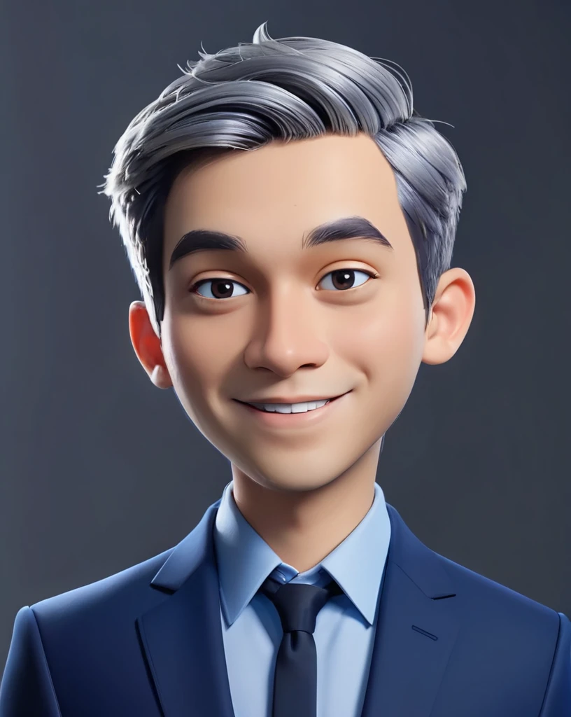 3d cartoon style, 20 years old man, short gray hair, little hair, in a dark blue suit and light blue shirt, no tie, smiling at the camera, foto perfil, commercial shot., face is brightly lit