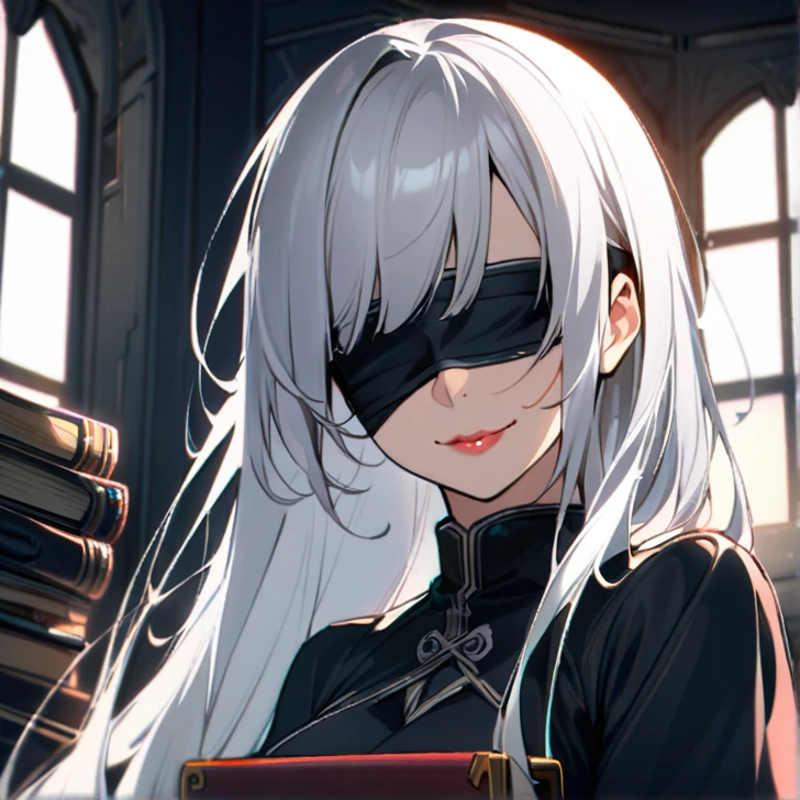 1girl, solo, long_hair, blindfold, white_hair, window, breasts, upper_body, smile, indoors, book, bangs, covered_eyes, lips, black_blindfold