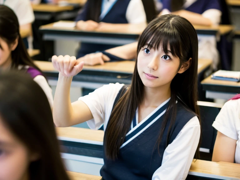 Scene during class at a Japanese girls' high school、夏でとてもhot、There is a student lifting her skirt.、hot、Sweating、The uniform is transparent