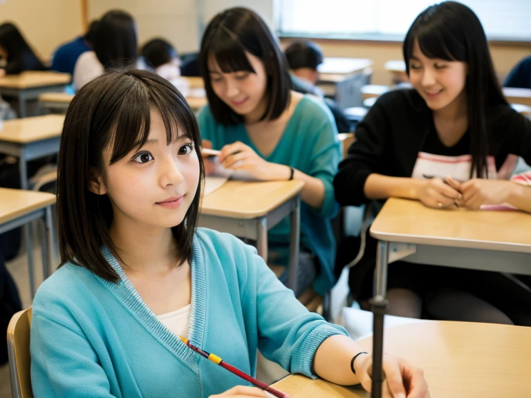 Scene during class at a Japanese girls' high school、夏でとてもhot、There is a student lifting her skirt.、hot、Sweating、The uniform is transparent