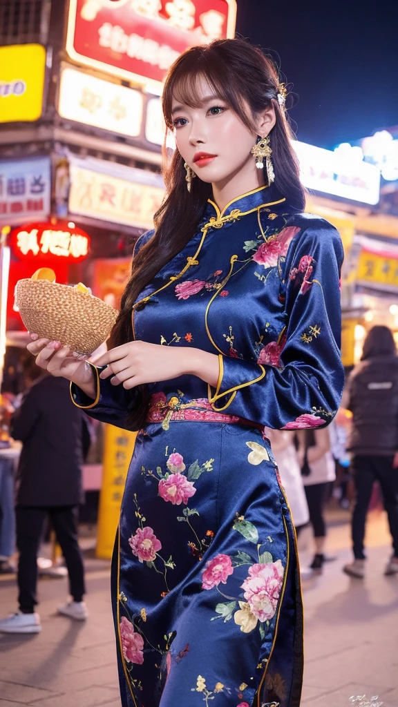 （lifelike， high resolution：1.3）， close up，Chinese beauties walking through the bustling night market，A stylish cheongsam with modern accessories，The printed pattern on the fabric is vivid，Full body shot，Bustling night market area，Colorful lights set off，In the distance are bustling crowds and snack stalls，Capturing the energy and style of the city at night，Professional Night Photography Tips，Color saturation，Precise focus，Won the Popularity Award at the Fashion Photography Exhibition，Utilizing advanced lighting equipment，Create fantastic visual effects，Background blur processing，Highlight the protagonist，Fireworks and crowds at night，Create a vivid picture。