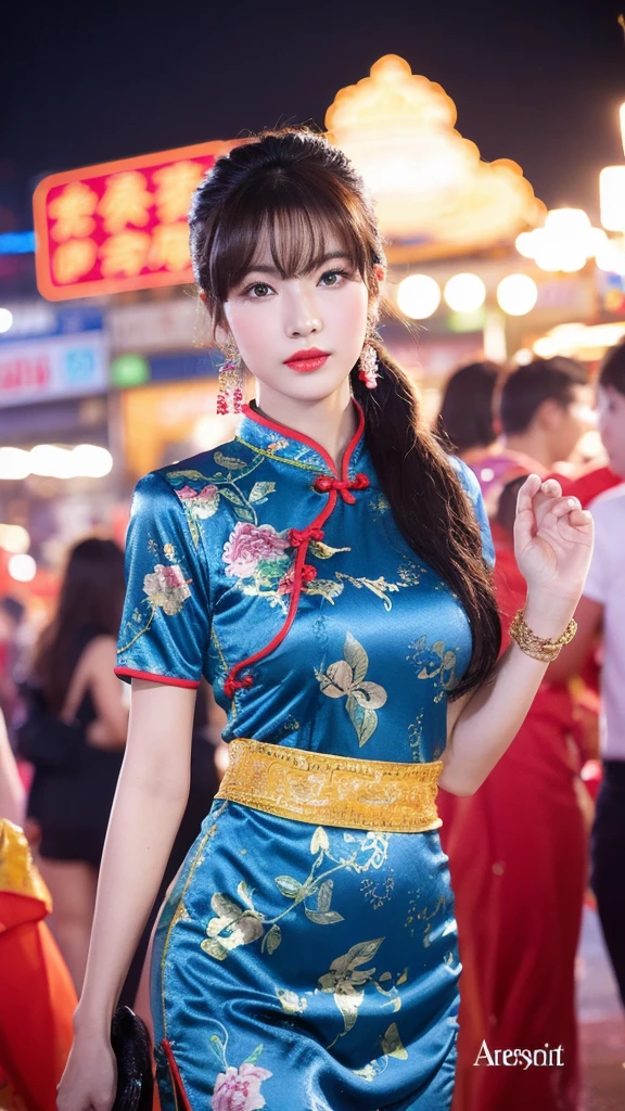 （lifelike， high resolution：1.3）， close up，Chinese beauties walking through the bustling night market，A stylish cheongsam with modern accessories，The printed pattern on the fabric is vivid，Full body shot，Bustling night market area，Colorful lights set off，In the distance are bustling crowds and snack stalls，Capturing the energy and style of the city at night，Professional Night Photography Tips，Color saturation，Precise focus，Won the Popularity Award at the Fashion Photography Exhibition，Utilizing advanced lighting equipment，Create fantastic visual effects，Background blur processing，Highlight the protagonist，Fireworks and crowds at night，Create a vivid picture。