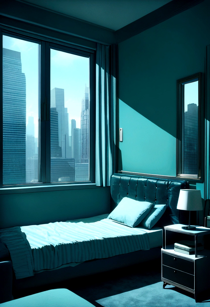 On the sofa in a room with a window Beautiful interior Sense of luxury tiffany blue wallpaper Bedside lamp A ager's room in New York Skyscrapers from the window