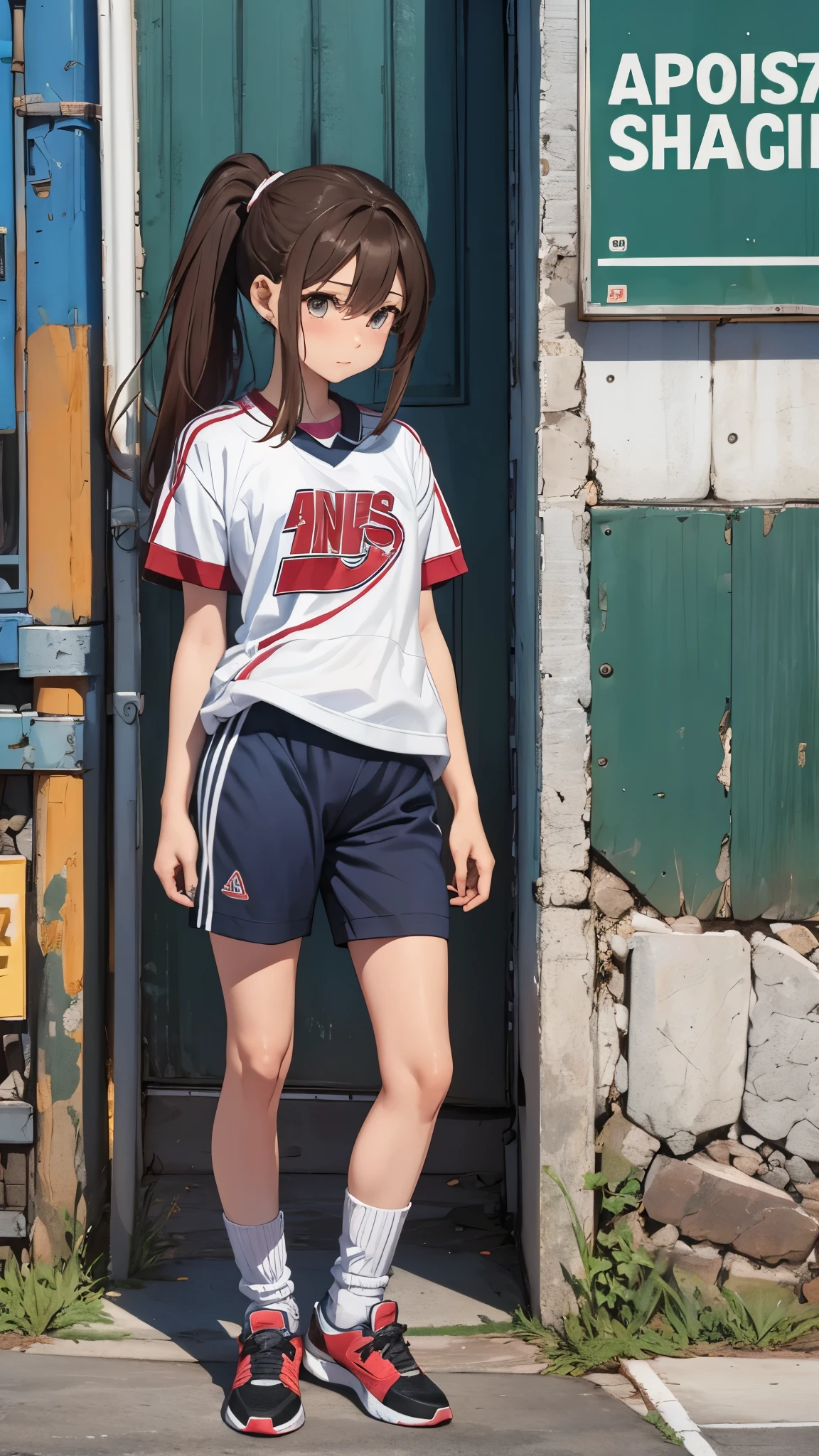 One 17 years old girl,ponytail hair,brown hair,((jersey,sports style)),rage,slender body,socks,sneakers.
