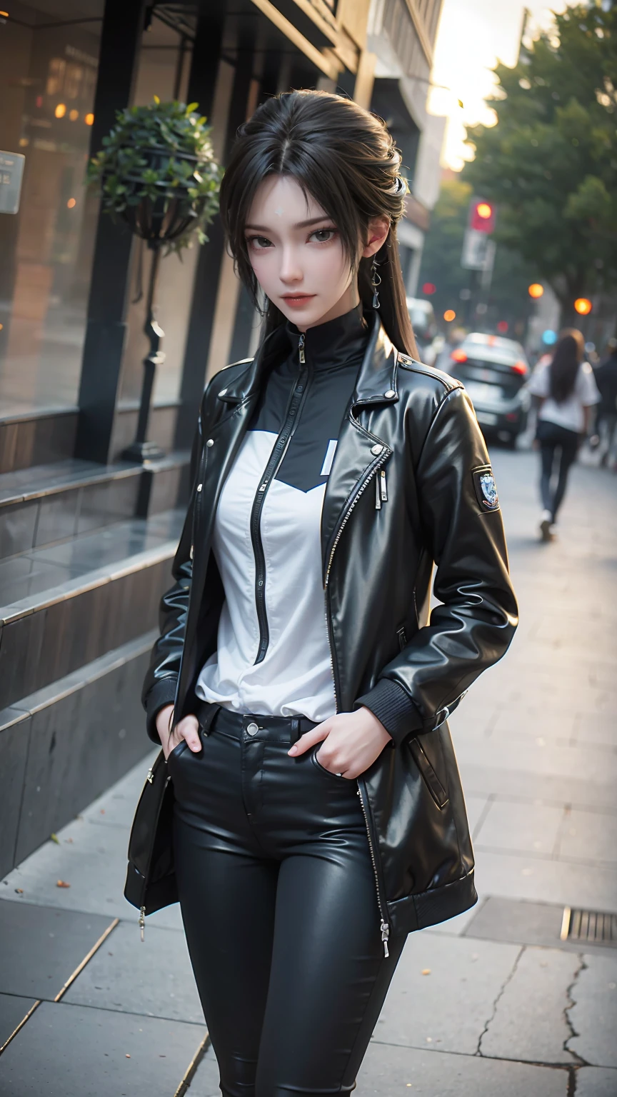 A girl, jacket, Hands in pockets, Staring at others, Black long hair, Heterochromic eyes, Heterochromic eyes, Heterochromia, 8k resolution, Very detailed, Anatomically correct, number, Concept Art, Shinkai Makoto style, Clear images,  