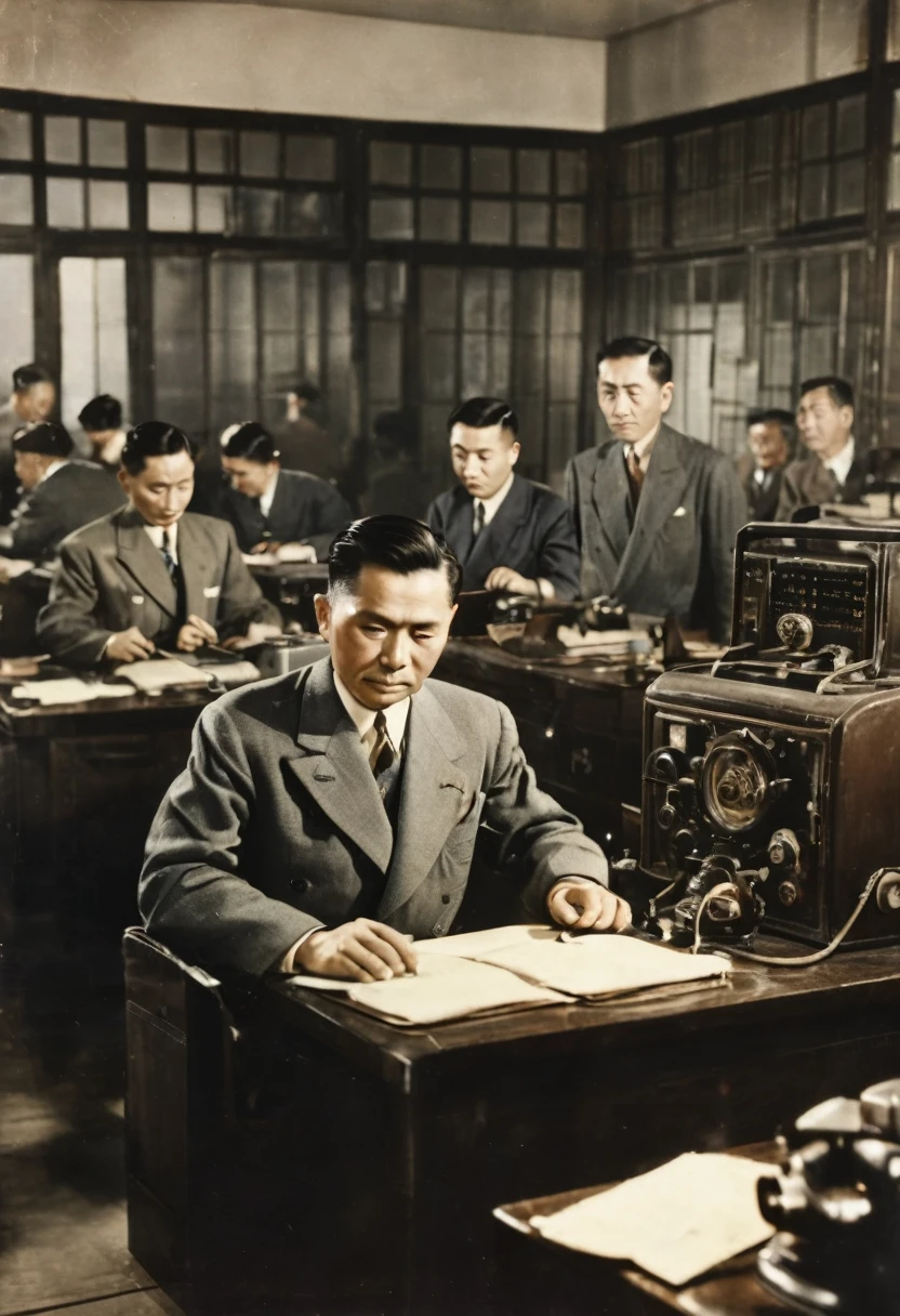 In 1949,China,Shanghai,Radio Station Office,Dim light,(The desk is filled with telegraph machines)。Several employees are working hard,One of the middle-aged men,30 years old,Wearing an old-style Zhongshan suit,The expression is firm,We are discussing with employees how to respond to the government's orders,((They were surrounded by radio equipment.)),In the background you can see some circuit diagrams on the wall。high detail, cinematic lighting, film grain, god rays, anatomically correct, high quality