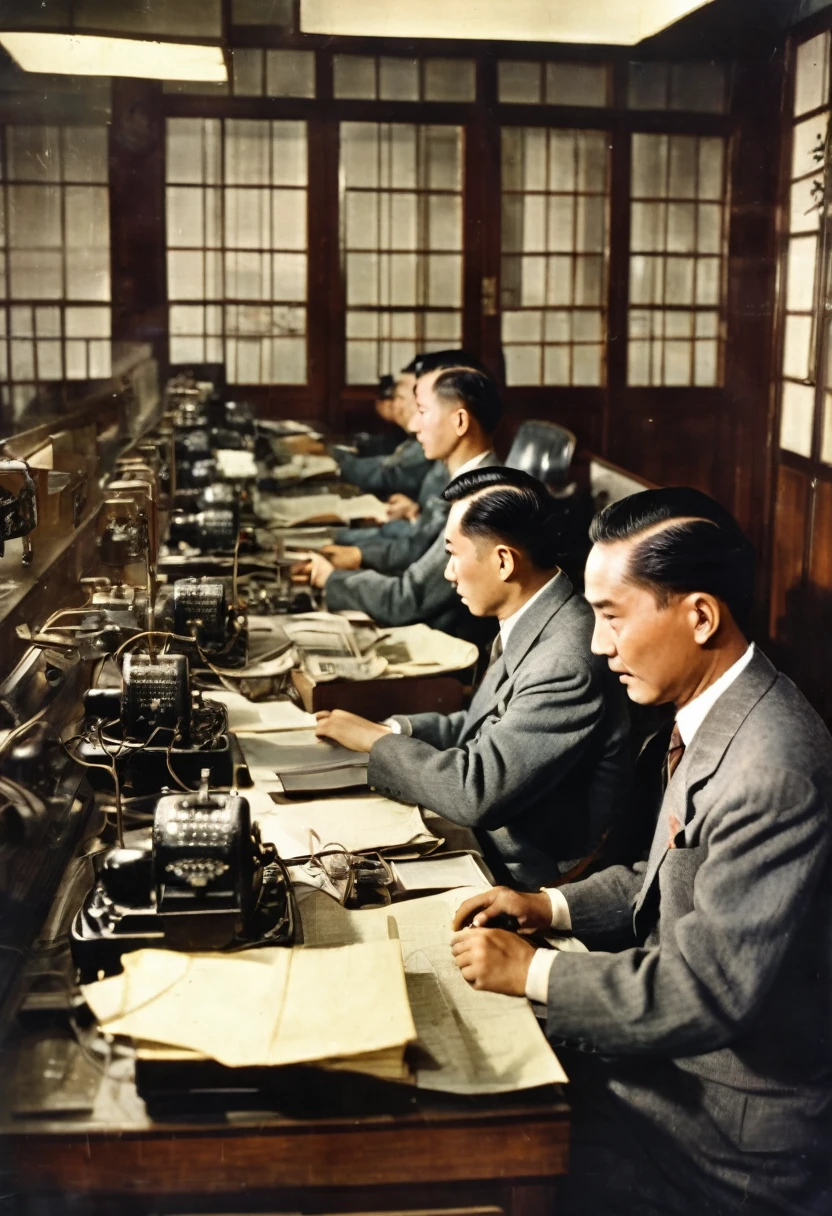 In 1949，China，Shanghai，Radio Station Office，Dim light，（The desk is filled with telegraph machines）。Several employees are working hard，One of the middle-aged men，30 years old，Wearing an old-style Zhongshan suit，The expression is firm，We are discussing with employees how to respond to the government&#39;s orders，（（They were surrounded by radio equipment.）），In the background you can see some circuit diagrams on the wall。high detail, cinematic lighting, film grain, god rays, anatomically correct, high quality