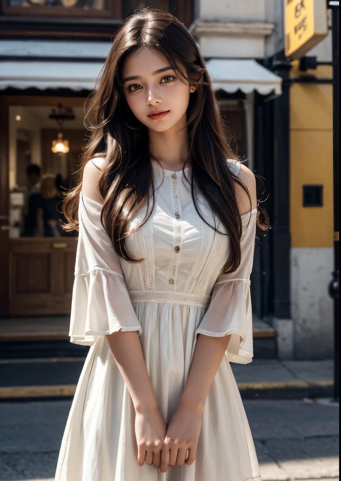 a beautiful indian young girl, 18 years girl, detailed face with beautiful eyes and lips, long hair, street fashion style, above knee length dress, youth dress, detailed youth dress, street view in background, photorealistic, masterpiece, 8k, ultra detailed, highly detailed, realistic, cinematic lighting, vibrant colors, warm tones, masterpiece,highres,ultra-detailed,8k, (best quality,8k,highres,masterpiece:1.2),ultra-detailed,(realistic,photorealistic,photo-realistic:1.37),warm lighting, vibrant colors, soft focus, elegant, cinematic, highly detailed, professional digital art, 32k CG unity wallpaper, UHD, Ultra HD, ultra realistic, hyper realistic, ultra sharp, vivid, Glow face, realistic skin, realistic smile, realistic atmosphere, cutest smile, realistic body, stylish look, stylish angles, beautiful background scenery, detailed background, hyper-detailed, glow skin, cinematic photography, award winning Photography, Very High Resolution picture quality, Very High PPI, bright skin, glow,