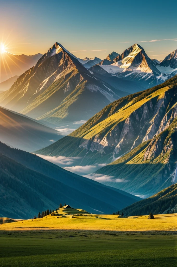sun figure Mountains all over the grass