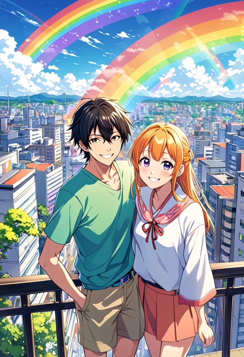 Japanese anime style, smiling, happy, boy and girl, two people, rainbow on city background, looking at you
