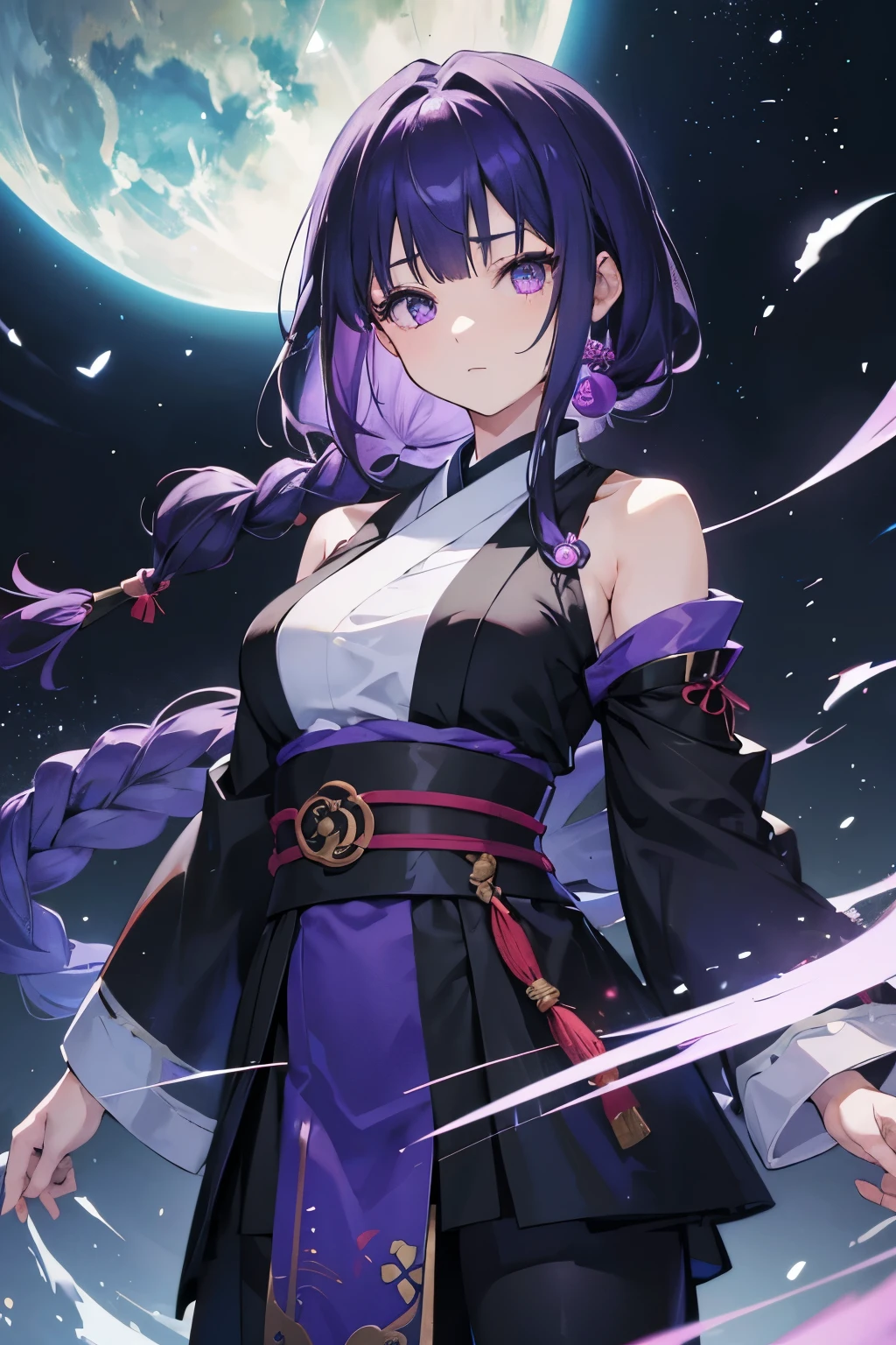 Aiko Miyamoto is a serene jujutsu kaisen Sorceress, with an appearance that combines elegance and mystery. She has long, silky purple hair that forms a single braid at the back of her head., without wearing hats and ornaments. His eyes are a deep shade of purple. , as if looking at the cosmos, often adorned with an enigmatic glow. Aiko wears modern clothes with a touch of traditional Japanese. make she look reserved