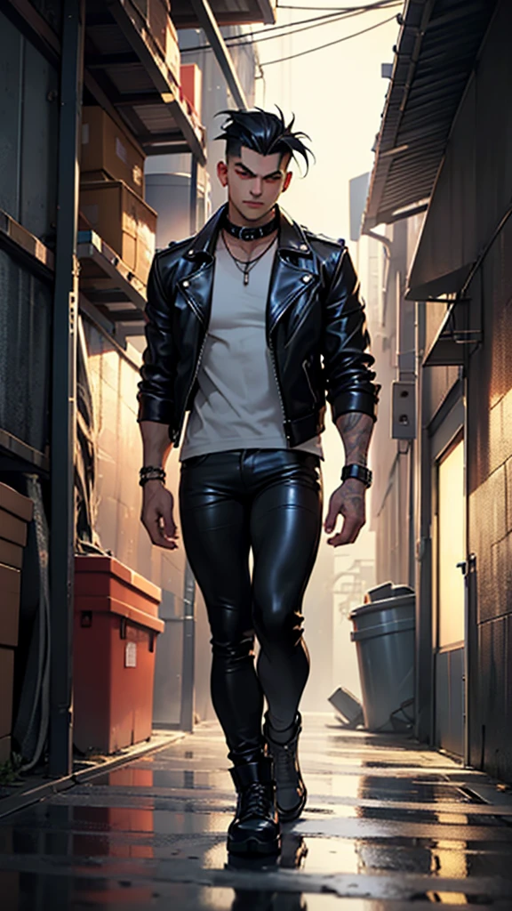 "Generate an image of a confident, muscular young man standing in a modern city street at dusk. He has short, tousled black hair with a slight undercut and piercing red eyes. He is wearing a black leather biker jacket without under t shirt, bare naked on top, and tight black leather pants, leather Spike punk collar. At back alley, trash area, wet floor, warehouse basement, with a moody, urban atmosphere. The man exudes a cool, edgy vibe."