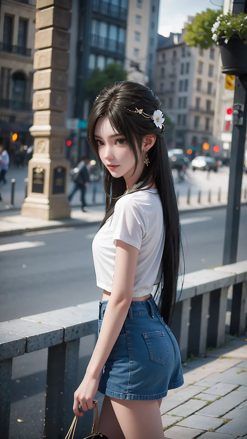 1 girl,(Black semi-long hair)(Beautiful hair), actor, Smile, Glowing skin, best quality, masterpiece, (Reality:1.4), Terrace Seating, Europe, France, Paris, Denim Mini Skirt (Realistic fabrics), White short sleeve (Cotton fabric), (No logo), Thin fingers