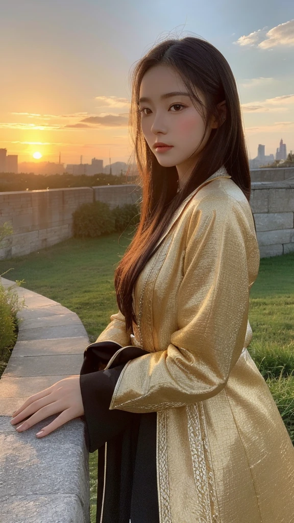 （lifelike， high resolution：1.3），close up， Chinese woman standing in front of ancient city wall，Wearing a modified version of Tang suit with ethnic characteristics，The embroidery is exquisite，上半身close up，On the ancient city wall，The setting sun，In the distance are battlements and beacon towers.，Demonstrating the profound heritage of Chinese culture，High-quality humanistic photography works，The picture is clearly layered，Clever light and shadow processing，Won the first prize in the Cultural Heritage Photography Competition，Using high-end photographic equipment，Strong detail expression，Background blur，Emphasize the subject，The golden edge of the sunset and the shadow of the city wall interweave，Add a sense of vicissitudes。