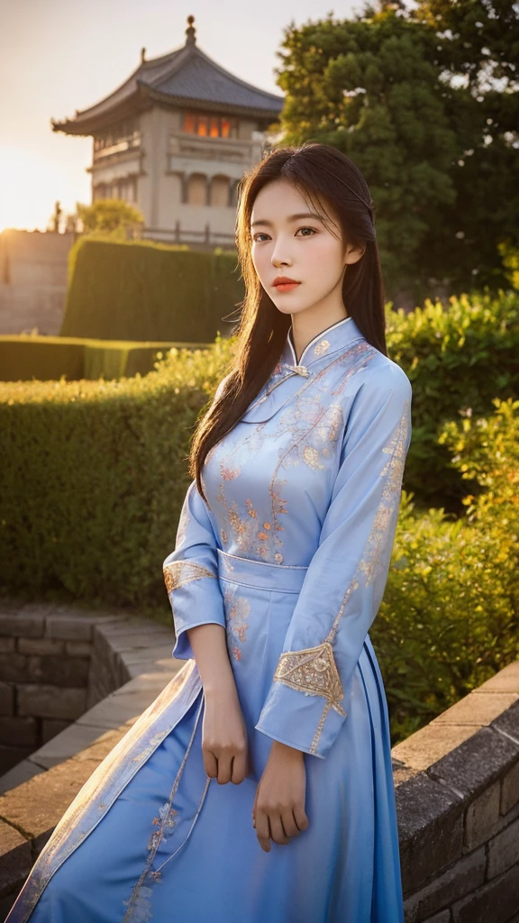 （lifelike， high resolution：1.3），close up， Chinese woman standing in front of ancient city wall，Wearing a modified version of Tang suit with ethnic characteristics，The embroidery is exquisite，上半身close up，On the ancient city wall，The setting sun，In the distance are battlements and beacon towers.，Demonstrating the profound heritage of Chinese culture，High-quality humanistic photography works，The picture is clearly layered，Clever light and shadow processing，Won the first prize in the Cultural Heritage Photography Competition，Using high-end photographic equipment，Strong detail expression，Background blur，Emphasize the subject，The golden edge of the sunset and the shadow of the city wall interweave，Add a sense of vicissitudes。