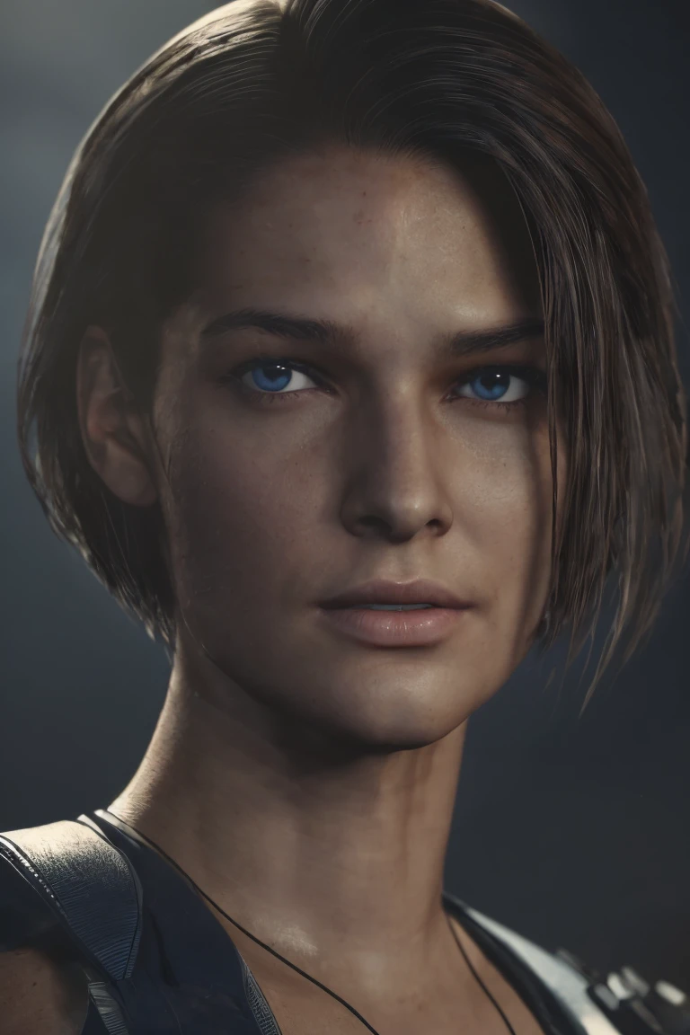 masterpiece, jill valentine, RE3 Remake, blue eyes:0.3, brown hair, oval face, long bob hair, dirt stains, portrait, 