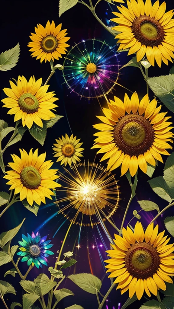 sunflower畑、firework、firework大会、Rainbow colorsのfireworkが打ちあがっている瞬間、夜nullとともに、sunflower畑で壮大なfirework、Highest quality、masterpiece, (Diffuse reflection of light:1.2), When the fantastic rainbow turns into shadow, bathed in a mystical atmosphere.sunflowerたちも見ています、 sunflower,たくさんのsunflower、 Cast magic spells. evoke a sense of wonder and awe. A fusion of natural grandeur and magic, Weaving dreams into reality. Behold, null, And the unknown, Fleeting、And an eternal moment, 16K, Ultra-high resolution.Realistic, Ultra-high resolution, to be born,future、Rainbow colorsに光り輝く、Rainbow colors、The world 30 years from now。