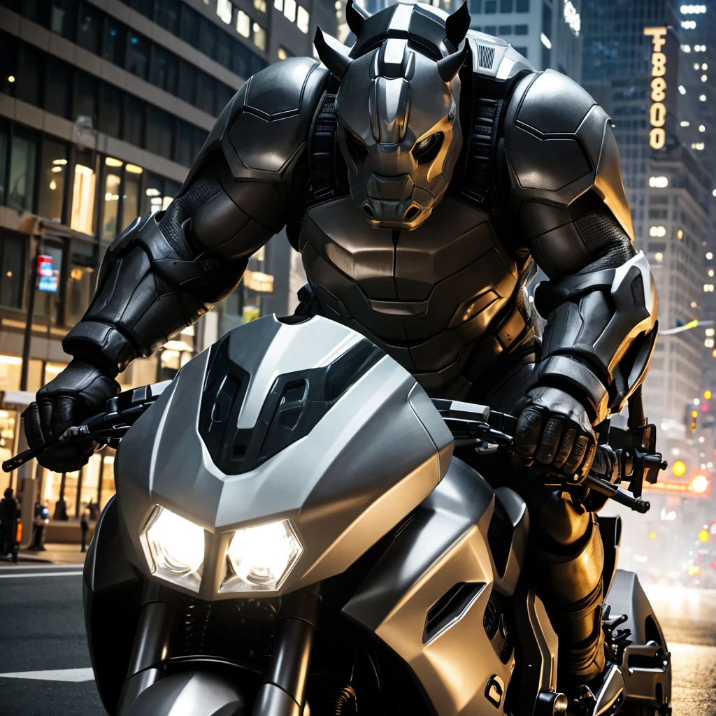 a massive, muscular gray rhino humanoid in a high-tech gray rhino suit, riding a huge, terrifying motorcycle with black chrome, machine gun mounts, and a large rhino horn over the headlight, in a downtown city setting, detailed cinematic lighting, highly detailed, 8k, photorealistic, masterpiece, dramatic action scene