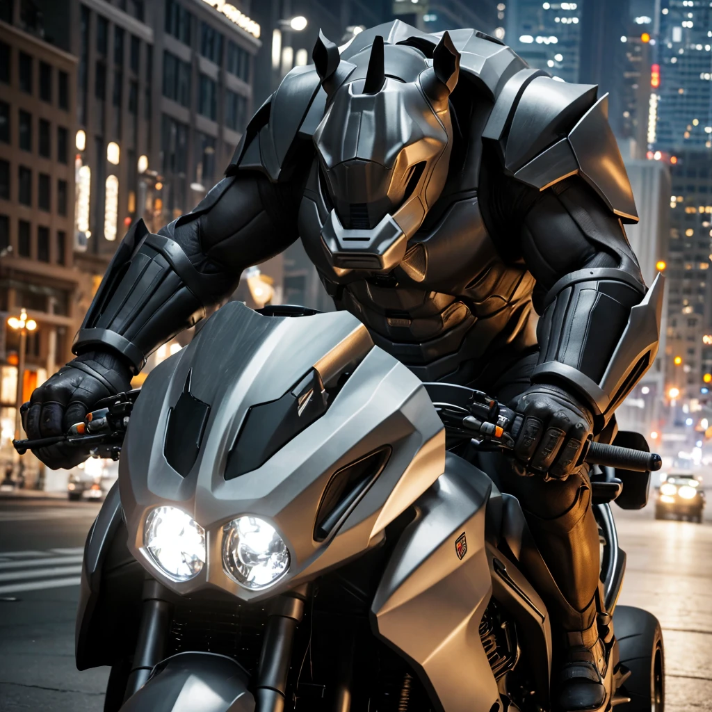 a massive, muscular gray rhino humanoid in a high-tech gray rhino suit, riding a huge, terrifying motorcycle with black chrome, machine gun mounts, and a large rhino horn over the headlight, in a downtown city setting, detailed cinematic lighting, highly detailed, 8k, photorealistic, masterpiece, dramatic action scene