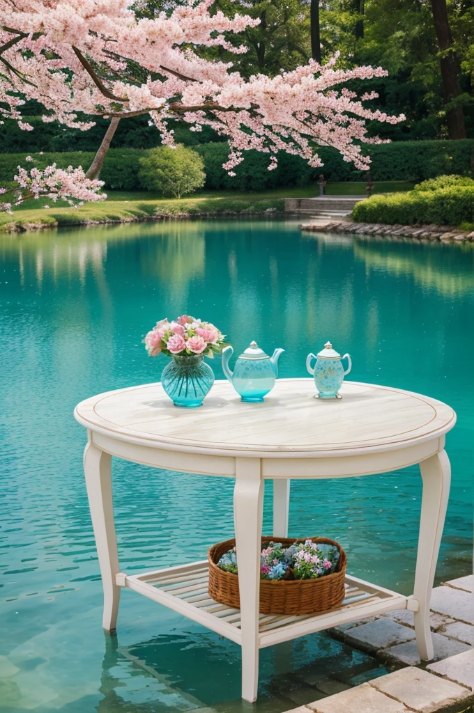 Stunning photography of Outside beside a lake cryestal clear blue water a beautiful table teapot cup plate cookies and a beautiful vase full with beautiful flowers.a branch full of cherry flowers beside the tajle full size