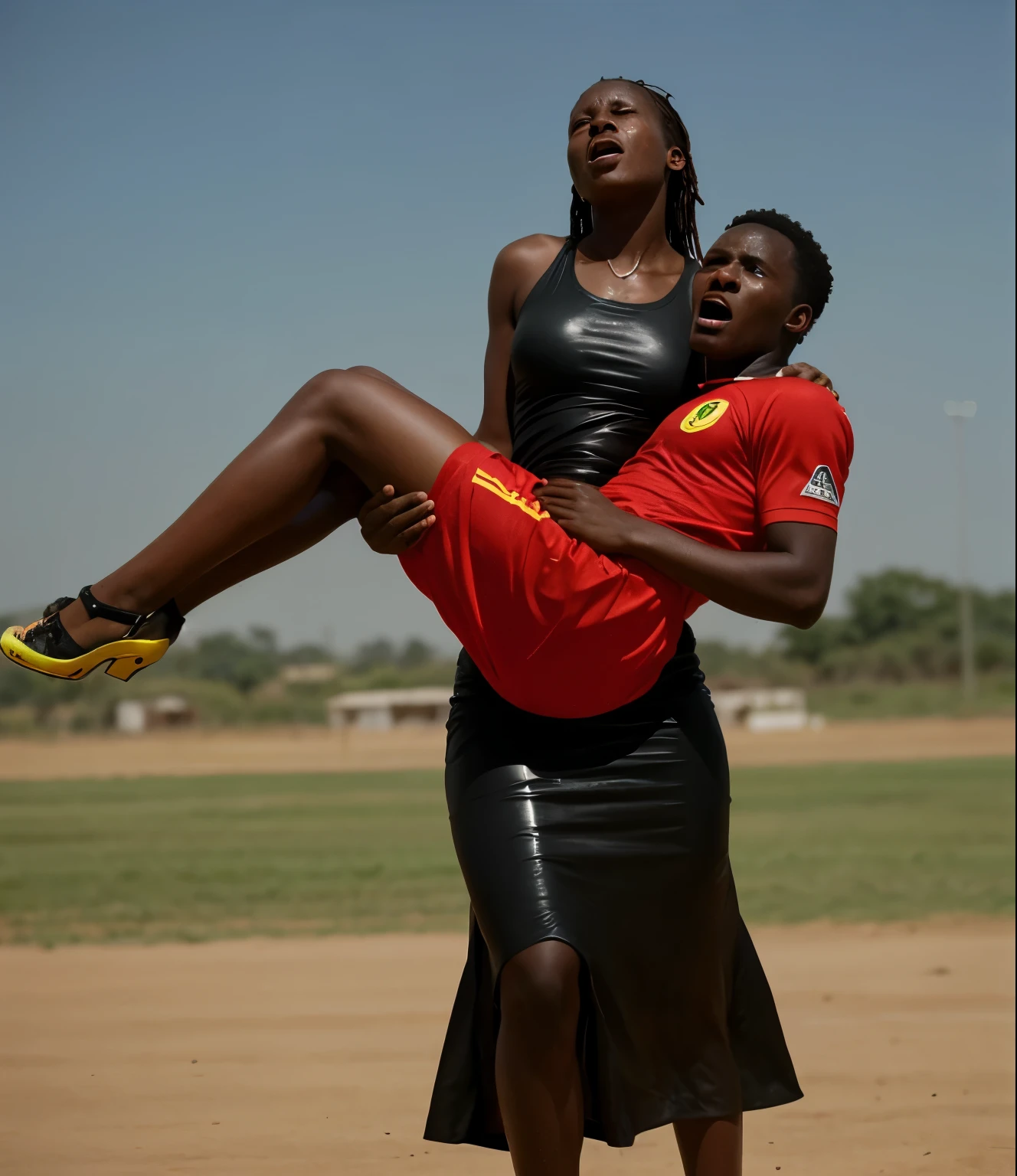 ugandan woman wearing very shiny plastic dress, Long shiny plastic skirt, Despair, unconscious, exhausted, powerlessness, man hangs limp and powerless with his head in the arms of the woman, screams of pain, shouting out in pain, shouting for aid, Dramatic rescue pose, pity, a hurt and male african football player hangs limp and powerless with his head hanging down in the arms of thewoman, a woman in a long leather-skirt has a horrofied facial expression when she carries a male african football player who is hanging limp and powerless with his head hanging down in her arms, an injured male african football player in matte cotton sportswear is carried with an extremely agonised facial expression, faces in pain and horror, screaming with pain, Frightened facial expression, pityful facial expression, pity, pain, accident, aid, football, an ugandan woman who is wearing a very shiny and wetlook plasticdress