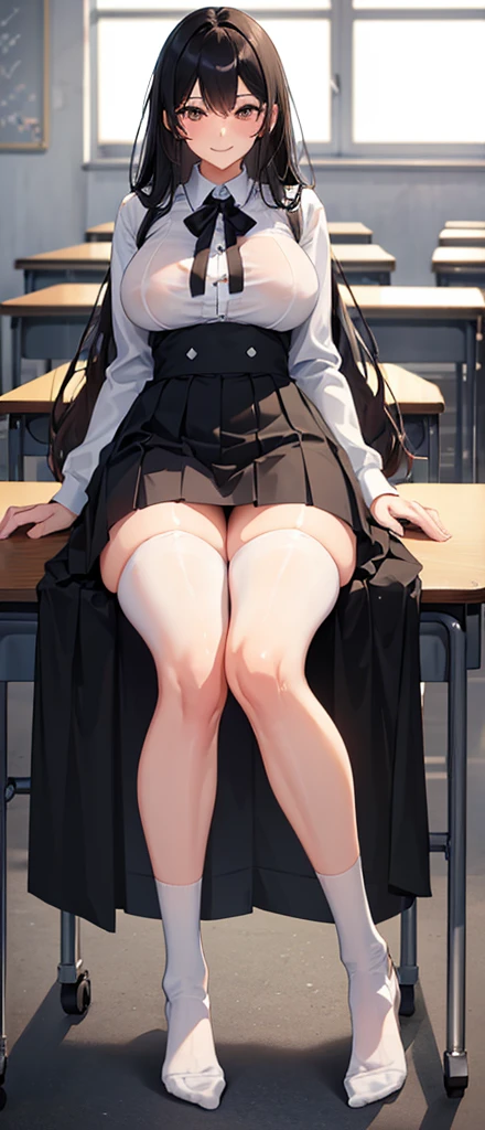 ( Beatiful sexy white socks ) , ( big breasts ) , ( NSFW ) , tall legs , big thighs , smile , ( milf ) , HD , detailed eyes dark long hair , ( High waisted black skirt ), 18-years old , wide angle , classroom , tall body , upskirt