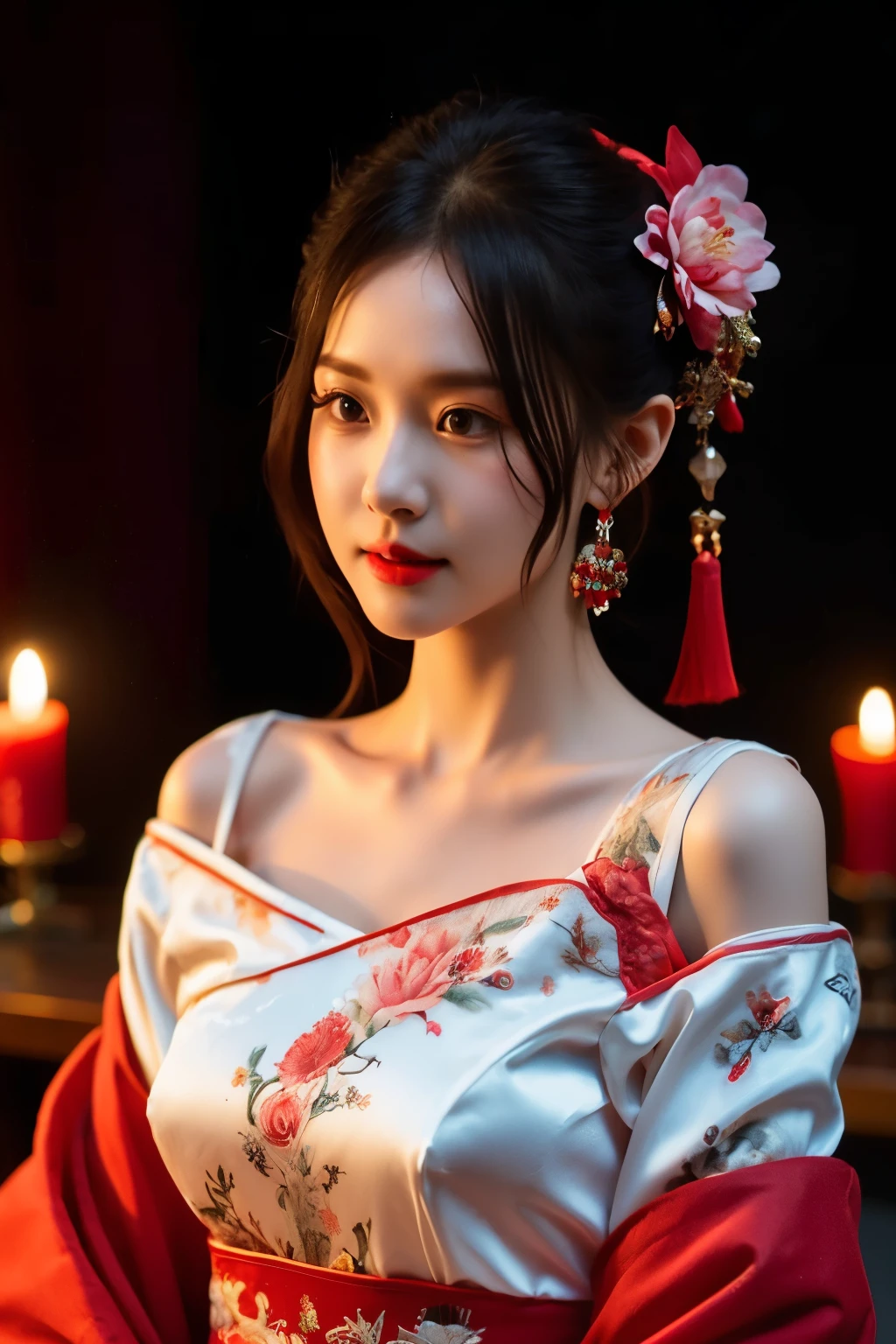 1 girl, hair accessories, alone, flower, hair flower, candle, earrings, jewelry, black hair, black eyes, Fuzzy, Lips, Red Lips, looking at the audience, tassel, Depth of Field, cosmetics, actual,(Red_clothing:1.3),chinese clothing, 碎flower, Upper Body, Large Breasts, Off-shoulder
